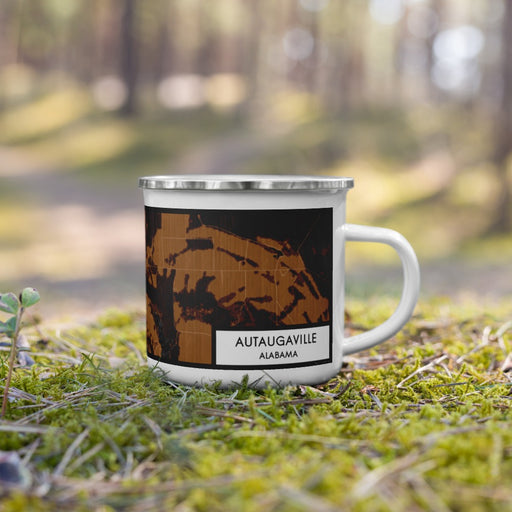 Right View Custom Autaugaville Alabama Map Enamel Mug in Ember on Grass With Trees in Background