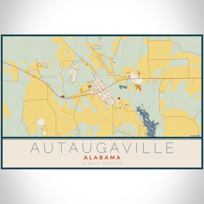 Autaugaville Alabama Map Print Landscape Orientation in Woodblock Style With Shaded Background