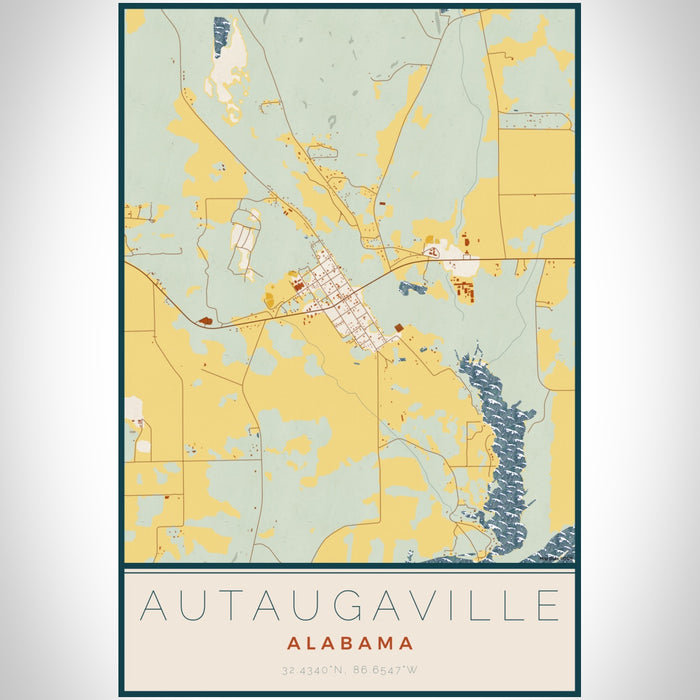 Autaugaville Alabama Map Print Portrait Orientation in Woodblock Style With Shaded Background