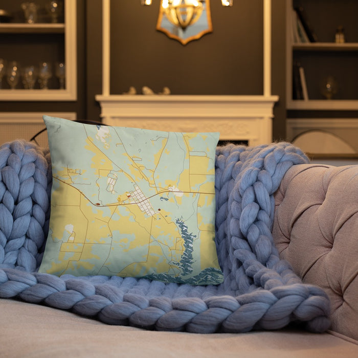 Custom Autaugaville Alabama Map Throw Pillow in Woodblock on Cream Colored Couch