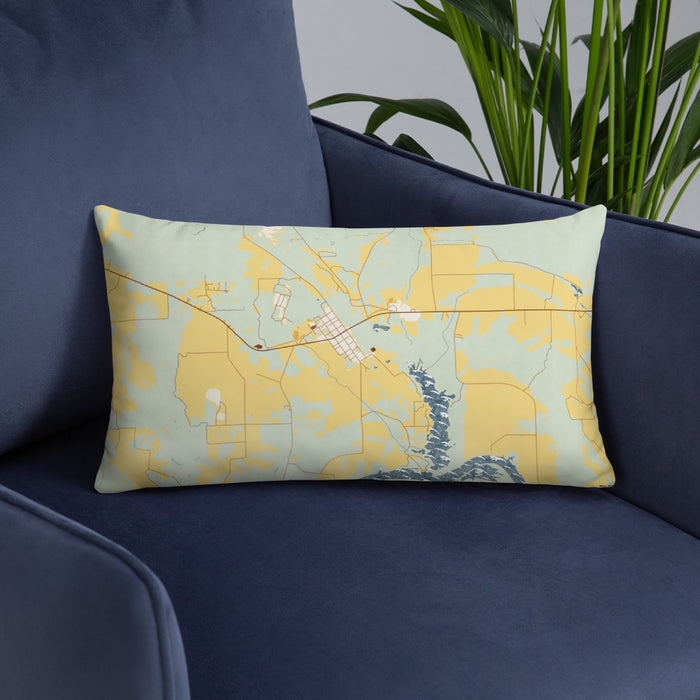 Custom Autaugaville Alabama Map Throw Pillow in Woodblock on Blue Colored Chair