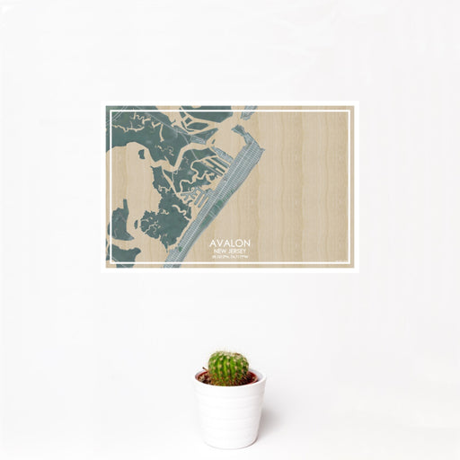 12x18 Avalon New Jersey Map Print Landscape Orientation in Afternoon Style With Small Cactus Plant in White Planter