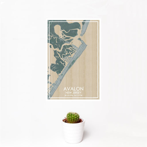 12x18 Avalon New Jersey Map Print Portrait Orientation in Afternoon Style With Small Cactus Plant in White Planter