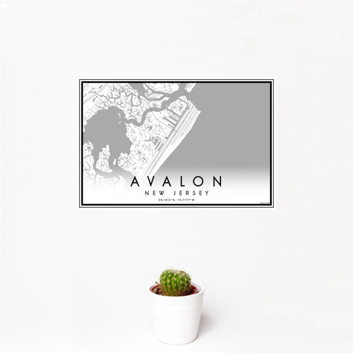 12x18 Avalon New Jersey Map Print Landscape Orientation in Classic Style With Small Cactus Plant in White Planter