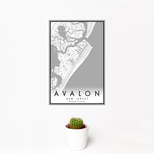 12x18 Avalon New Jersey Map Print Portrait Orientation in Classic Style With Small Cactus Plant in White Planter