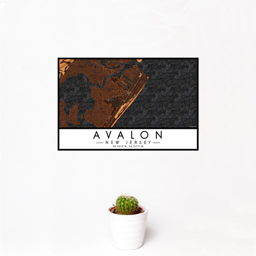12x18 Avalon New Jersey Map Print Landscape Orientation in Ember Style With Small Cactus Plant in White Planter