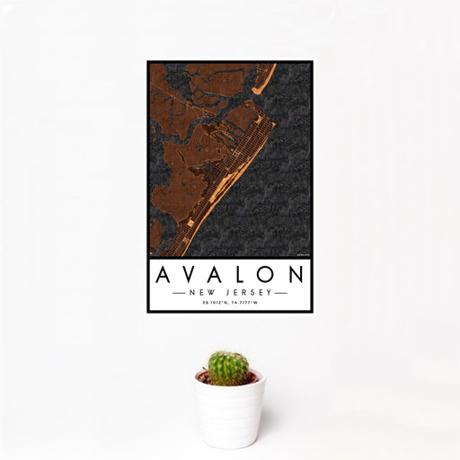 12x18 Avalon New Jersey Map Print Portrait Orientation in Ember Style With Small Cactus Plant in White Planter