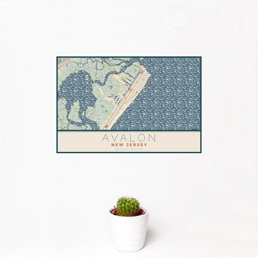 12x18 Avalon New Jersey Map Print Landscape Orientation in Woodblock Style With Small Cactus Plant in White Planter