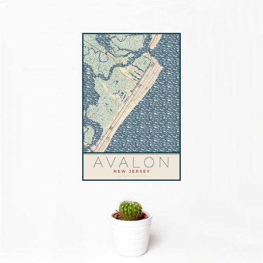 12x18 Avalon New Jersey Map Print Portrait Orientation in Woodblock Style With Small Cactus Plant in White Planter