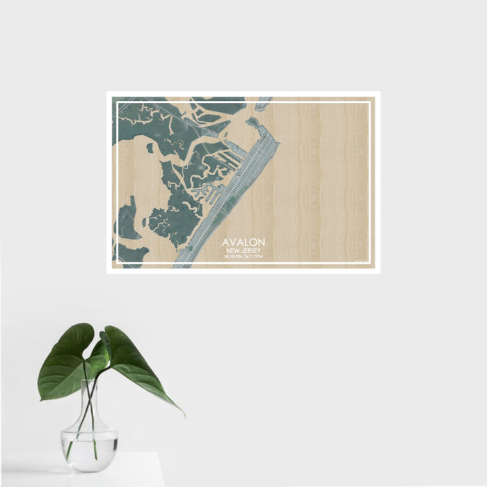 16x24 Avalon New Jersey Map Print Landscape Orientation in Afternoon Style With Tropical Plant Leaves in Water