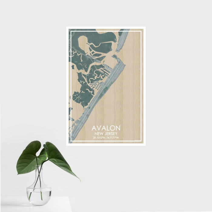 16x24 Avalon New Jersey Map Print Portrait Orientation in Afternoon Style With Tropical Plant Leaves in Water