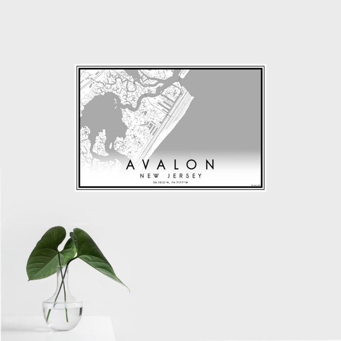 16x24 Avalon New Jersey Map Print Landscape Orientation in Classic Style With Tropical Plant Leaves in Water