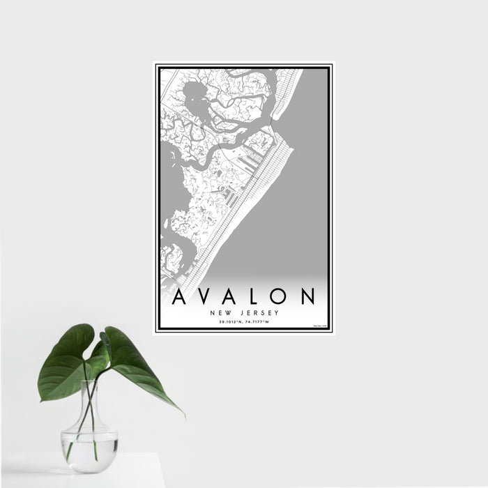 16x24 Avalon New Jersey Map Print Portrait Orientation in Classic Style With Tropical Plant Leaves in Water