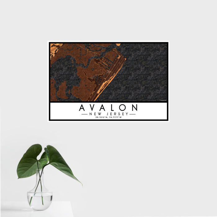 16x24 Avalon New Jersey Map Print Landscape Orientation in Ember Style With Tropical Plant Leaves in Water