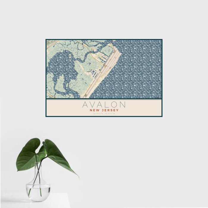 16x24 Avalon New Jersey Map Print Landscape Orientation in Woodblock Style With Tropical Plant Leaves in Water