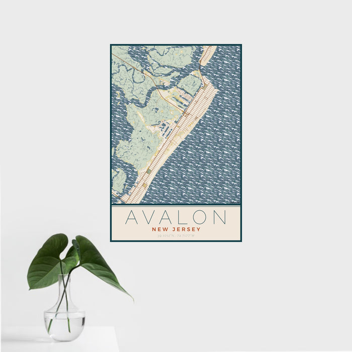 16x24 Avalon New Jersey Map Print Portrait Orientation in Woodblock Style With Tropical Plant Leaves in Water