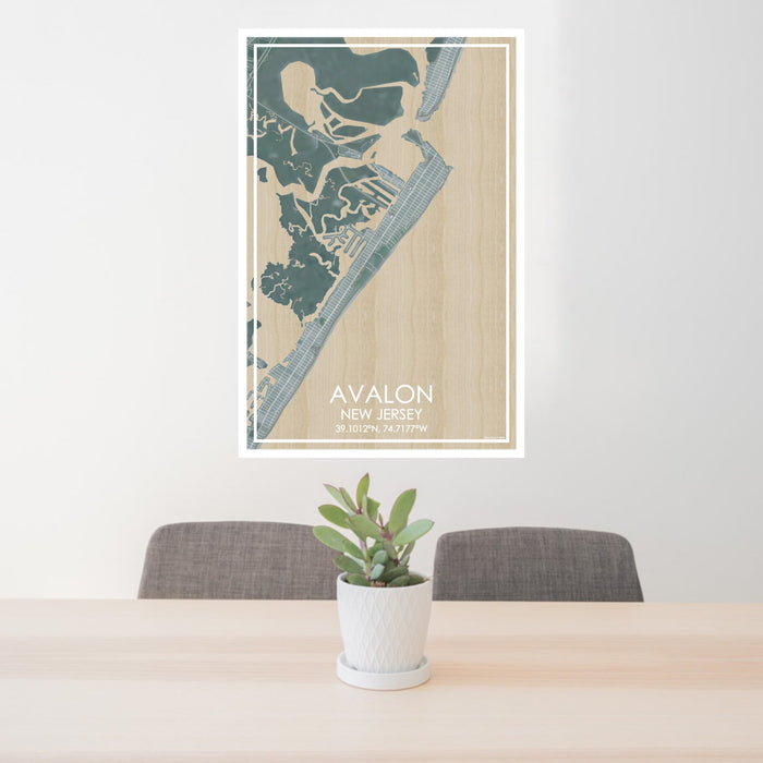 24x36 Avalon New Jersey Map Print Portrait Orientation in Afternoon Style Behind 2 Chairs Table and Potted Plant