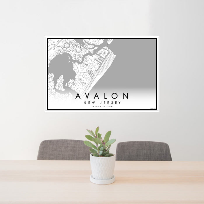 24x36 Avalon New Jersey Map Print Lanscape Orientation in Classic Style Behind 2 Chairs Table and Potted Plant