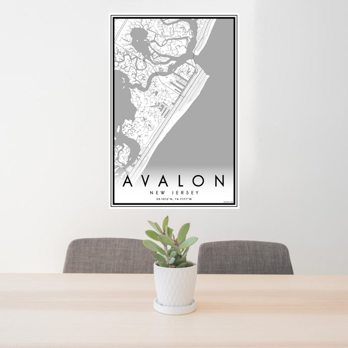 24x36 Avalon New Jersey Map Print Portrait Orientation in Classic Style Behind 2 Chairs Table and Potted Plant