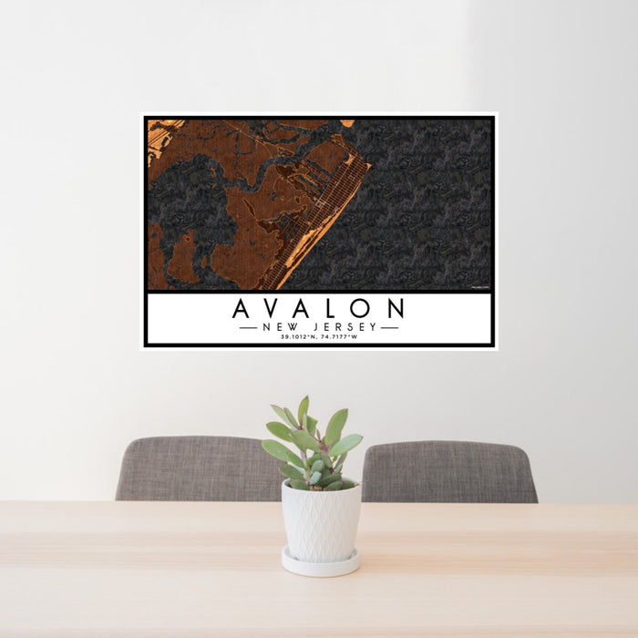 24x36 Avalon New Jersey Map Print Lanscape Orientation in Ember Style Behind 2 Chairs Table and Potted Plant