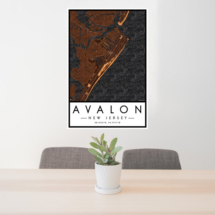 24x36 Avalon New Jersey Map Print Portrait Orientation in Ember Style Behind 2 Chairs Table and Potted Plant
