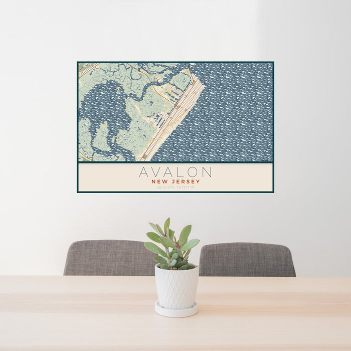 24x36 Avalon New Jersey Map Print Lanscape Orientation in Woodblock Style Behind 2 Chairs Table and Potted Plant