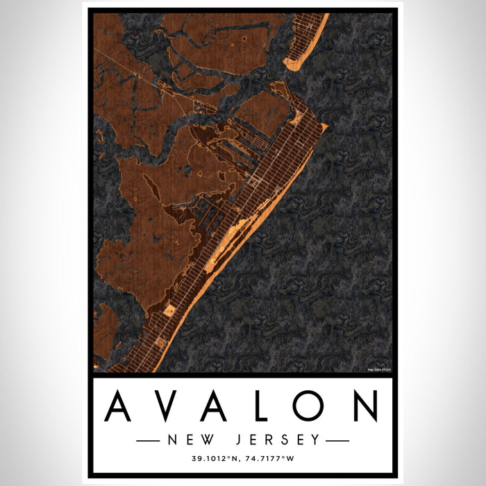 Avalon New Jersey Map Print Portrait Orientation in Ember Style With Shaded Background