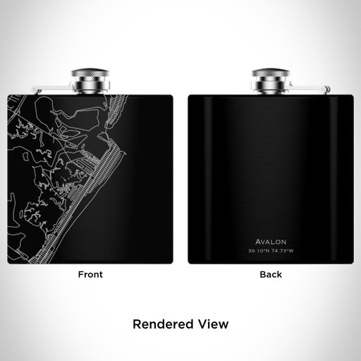 Rendered View of Avalon New Jersey Map Engraving on 6oz Stainless Steel Flask in Black