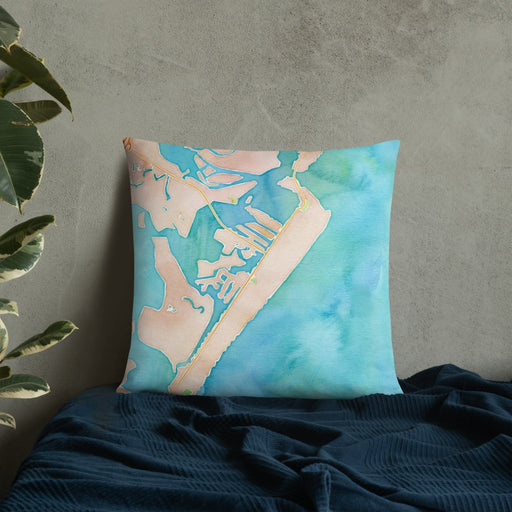 Custom Avalon New Jersey Map Throw Pillow in Watercolor on Bedding Against Wall