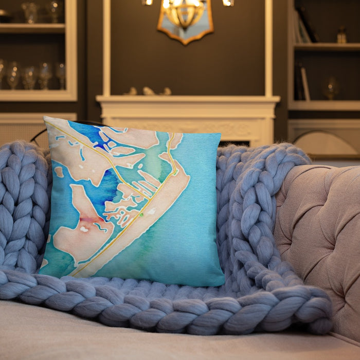 Custom Avalon New Jersey Map Throw Pillow in Watercolor on Cream Colored Couch
