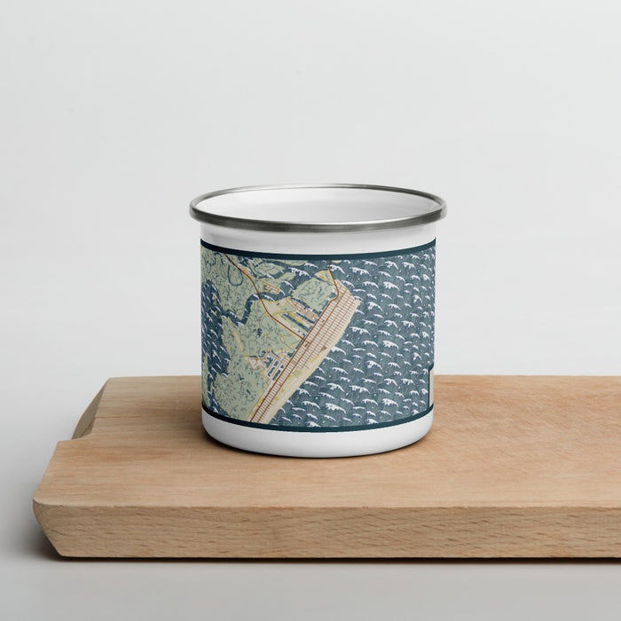 Front View Custom Avalon New Jersey Map Enamel Mug in Woodblock on Cutting Board