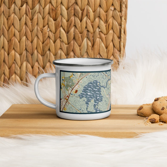 Left View Custom Avalon New Jersey Map Enamel Mug in Woodblock on Table Top