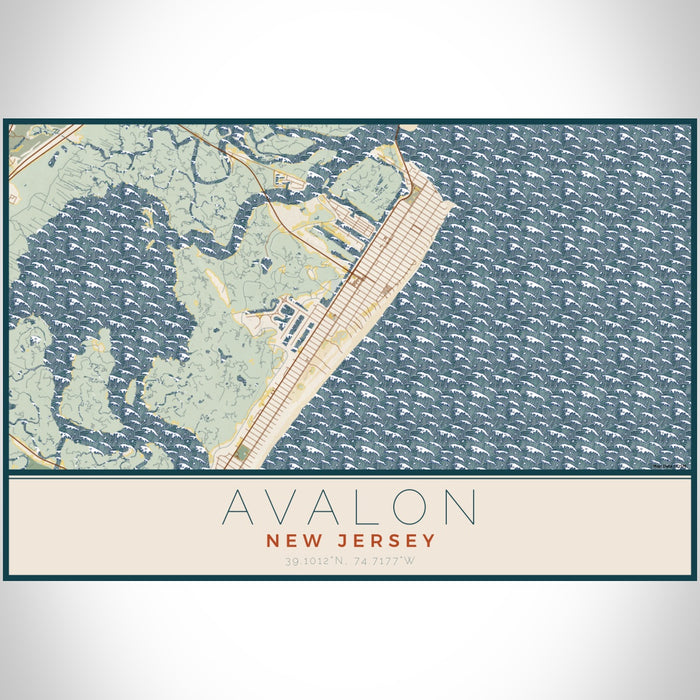 Avalon New Jersey Map Print Landscape Orientation in Woodblock Style With Shaded Background
