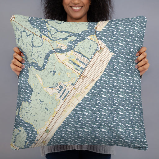 Person holding 22x22 Custom Avalon New Jersey Map Throw Pillow in Woodblock