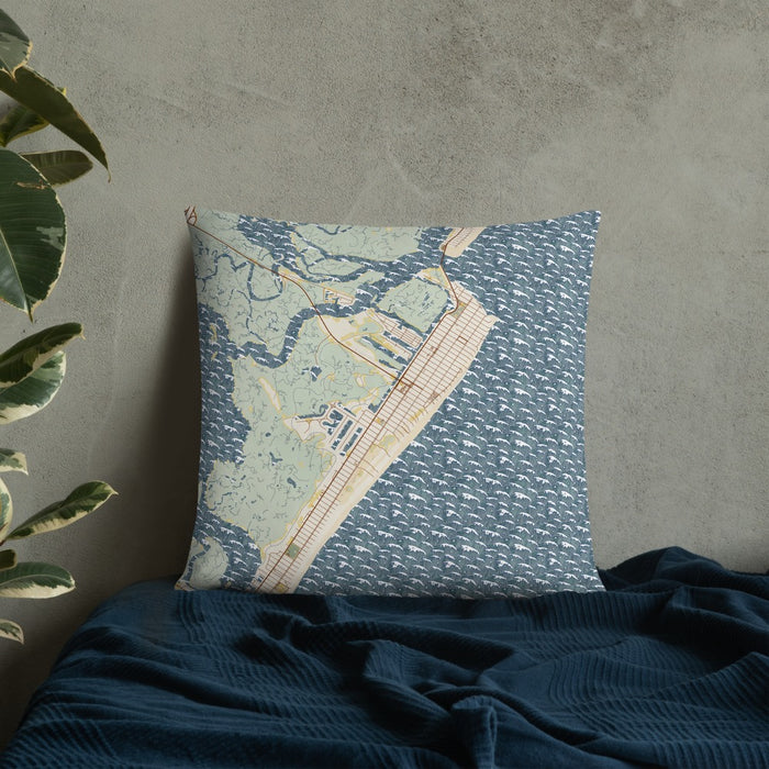 Custom Avalon New Jersey Map Throw Pillow in Woodblock on Bedding Against Wall