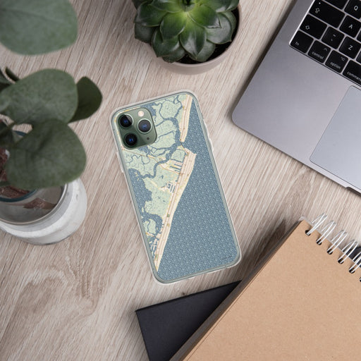 Custom Avalon New Jersey Map Phone Case in Woodblock on Table with Laptop and Plant