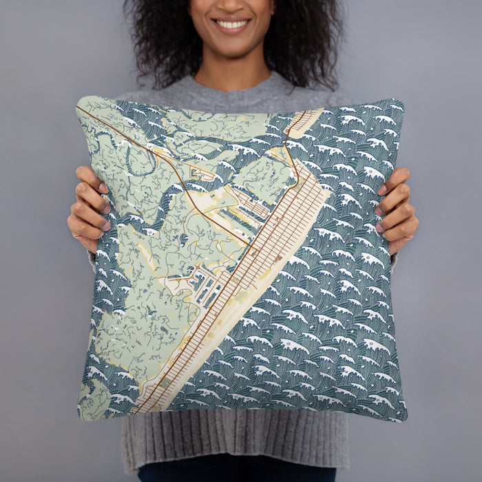 Person holding 18x18 Custom Avalon New Jersey Map Throw Pillow in Woodblock