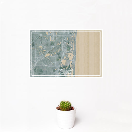 12x18 Aventura Florida Map Print Landscape Orientation in Afternoon Style With Small Cactus Plant in White Planter