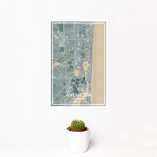 12x18 Aventura Florida Map Print Portrait Orientation in Afternoon Style With Small Cactus Plant in White Planter