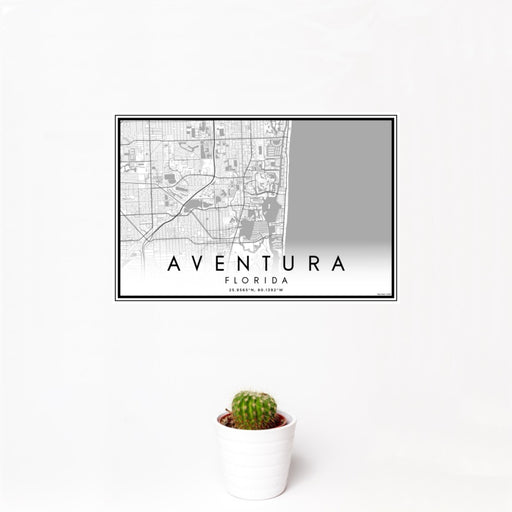 12x18 Aventura Florida Map Print Landscape Orientation in Classic Style With Small Cactus Plant in White Planter