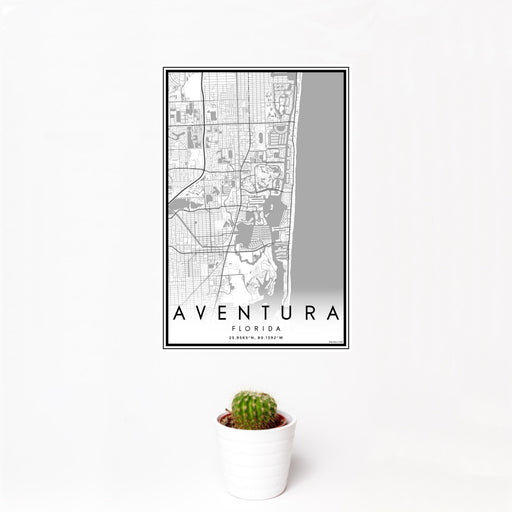 12x18 Aventura Florida Map Print Portrait Orientation in Classic Style With Small Cactus Plant in White Planter