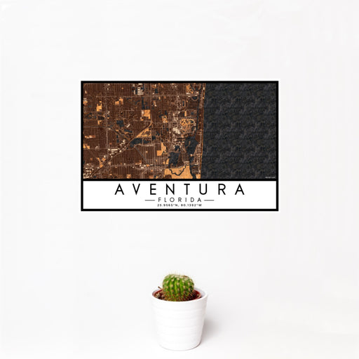 12x18 Aventura Florida Map Print Landscape Orientation in Ember Style With Small Cactus Plant in White Planter