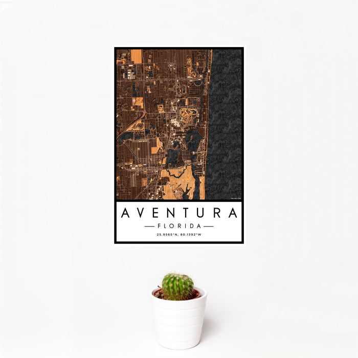 12x18 Aventura Florida Map Print Portrait Orientation in Ember Style With Small Cactus Plant in White Planter
