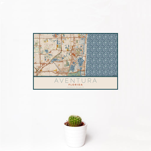 12x18 Aventura Florida Map Print Landscape Orientation in Woodblock Style With Small Cactus Plant in White Planter