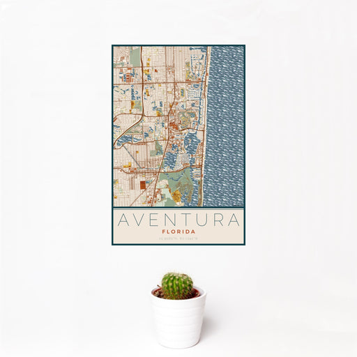 12x18 Aventura Florida Map Print Portrait Orientation in Woodblock Style With Small Cactus Plant in White Planter