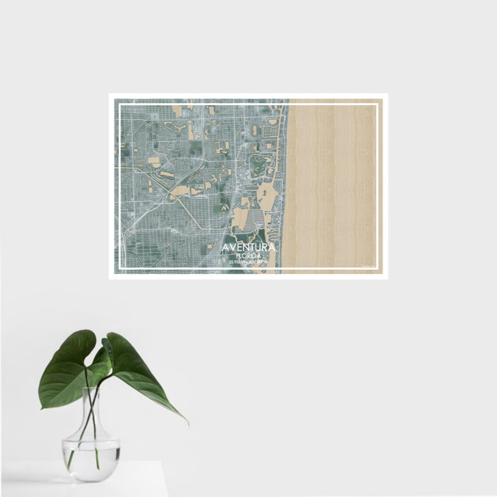 16x24 Aventura Florida Map Print Landscape Orientation in Afternoon Style With Tropical Plant Leaves in Water