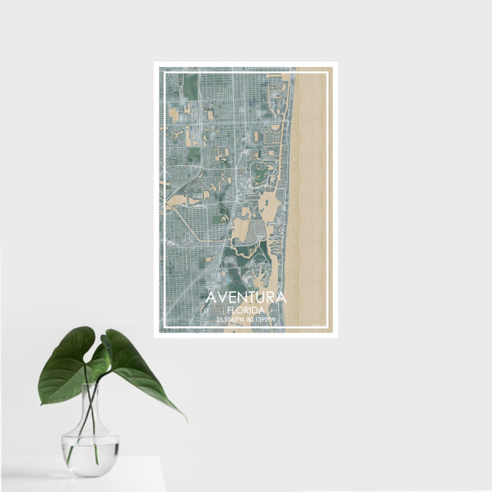 16x24 Aventura Florida Map Print Portrait Orientation in Afternoon Style With Tropical Plant Leaves in Water