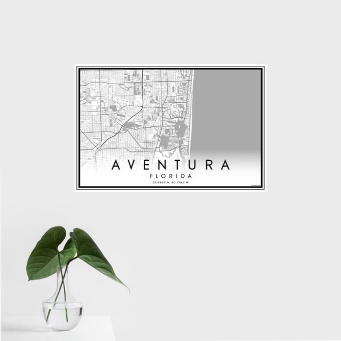 16x24 Aventura Florida Map Print Landscape Orientation in Classic Style With Tropical Plant Leaves in Water