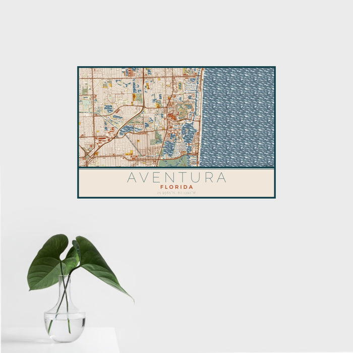 16x24 Aventura Florida Map Print Landscape Orientation in Woodblock Style With Tropical Plant Leaves in Water