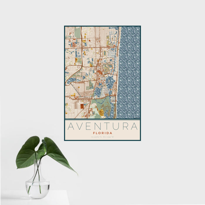 16x24 Aventura Florida Map Print Portrait Orientation in Woodblock Style With Tropical Plant Leaves in Water